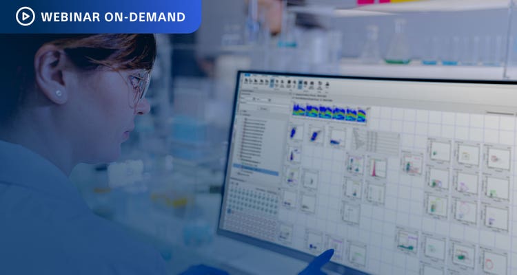 Webinar On-Demand. Researcher in lab looking at spectral cytometry data on a computer display.