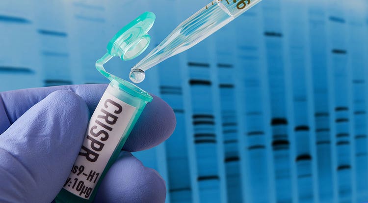 CRISPR labeled test tube with stylized genetic marker background.