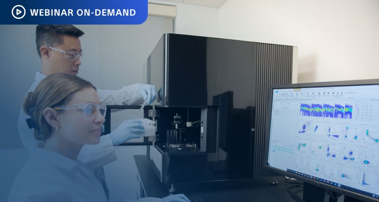 Text: Webinar On-Demand. Photograph of two researchers working with the ID7000 Spectral Cell Analyzer in a lab.