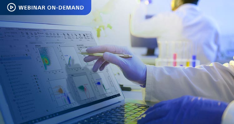 Webinar On-Demand. Photo of laptop screen with cell sorting data with researchers hand apencil pointing at a section of the laptop screen.