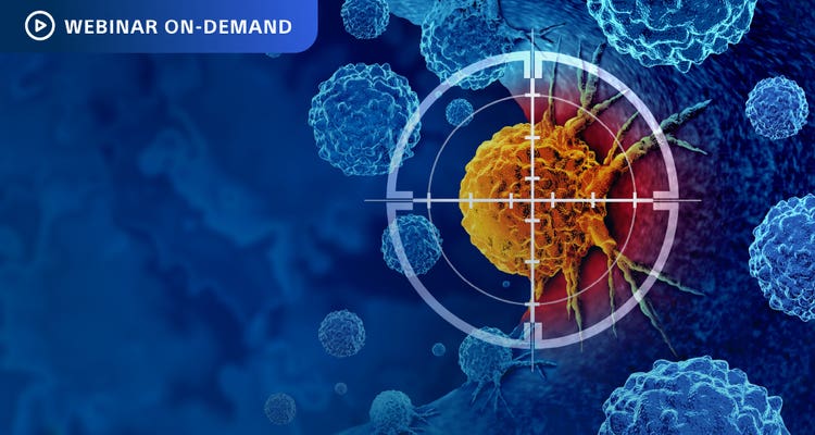 Webinar On-Demand: Illustration of a cancer cell colored orange with a superimposed target overlayed on the cancer cell.