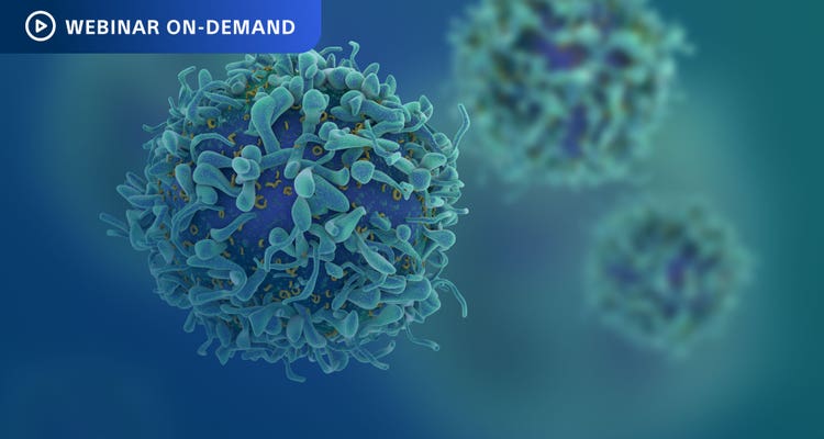 Colorful photo illustration of a T cell with superimposed text: Webinar On-Demand