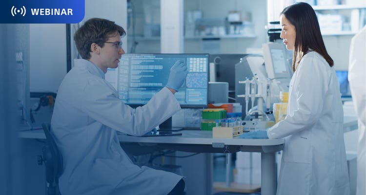 Webinar badge, Two researchers in a lab setting looking at a test tube.