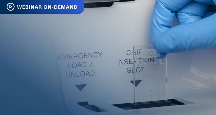 Webinar On-Demand. Close-up photo of a nitrile-gloved hand inserting a sorting chip in a MA900 cell sorter.
