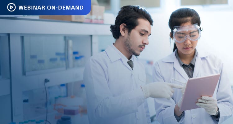 Webinar On-Demand. Photo of two researchers in a lab discussing what they're viewing on a tablet device.