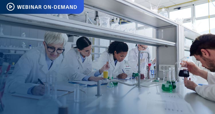 Text: Webinar On-Demand. Phgotograph of researchers in a lab working.