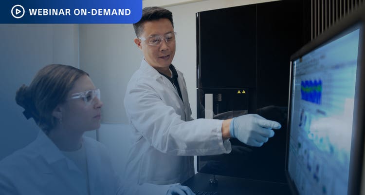 Webinar On-Demand. Photo of two researchers discussing data on a computer display next to an ID7000 spectral cell analyzer.