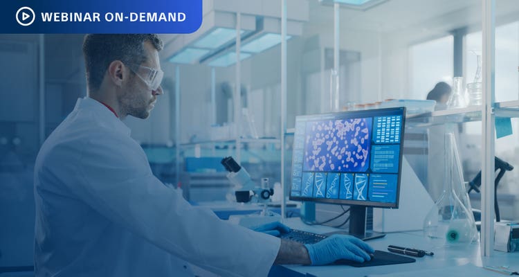 Webinar On-Demand. Photo of researcher in a lab looking at RNA data on a computer display.