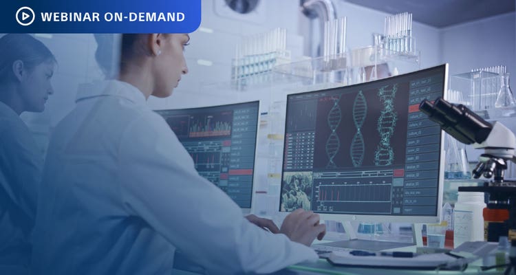 Webinar On-Demand. Bright photograph of two researchers in a lab looking at display with DNA data.