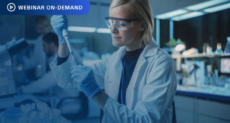 Webinar On-Demand. Photo of researcher in white coat, gloves, and eye protection in lab using a pipetter.
