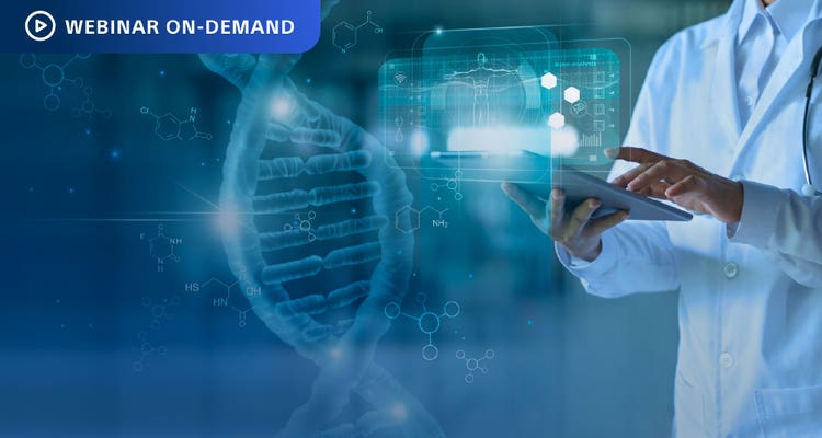Webinar On-Demand. Photo of researcher in white coat visualozing RNA data on a tablet device.