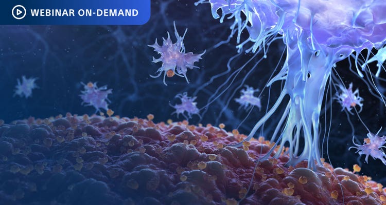 Webinar On-Demand superimposed on colorful photo illustration of immune cells in action.