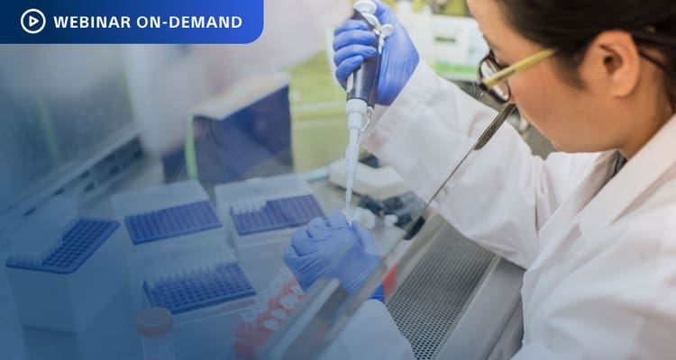 Webinar On-Demand. Photo of researcher working with pipeter and test tubes in a lab environment.