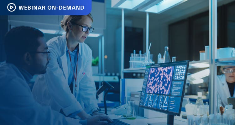 Webinar On-Demand. Photo of a researchers looking at immunotherapy data on a computer display.