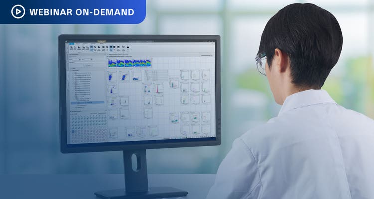 Webinar On-Demand. Phot of researcher analyzing spectral flow cytometry data on a computer display.