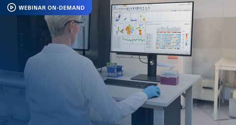 Webnar On-Demand. Photo of researcher from behind, in a lab working with a ID7000 cell analyzer and viewing a computer display with associated flow cytometry data.