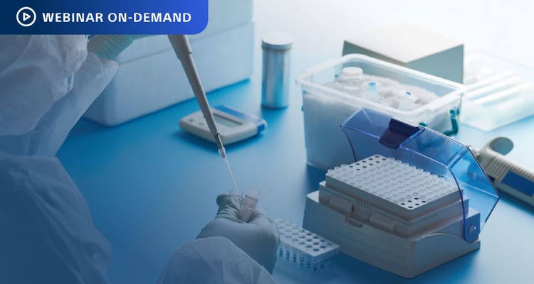 Webinar On-Demand. Cropped photo of a clinical researcher from behind, using a pipetter with test tubes in the background.