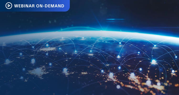 Webinar On-Demand: Satellite photo of earth with illustrative connections to illuminated areas suggesting a network.