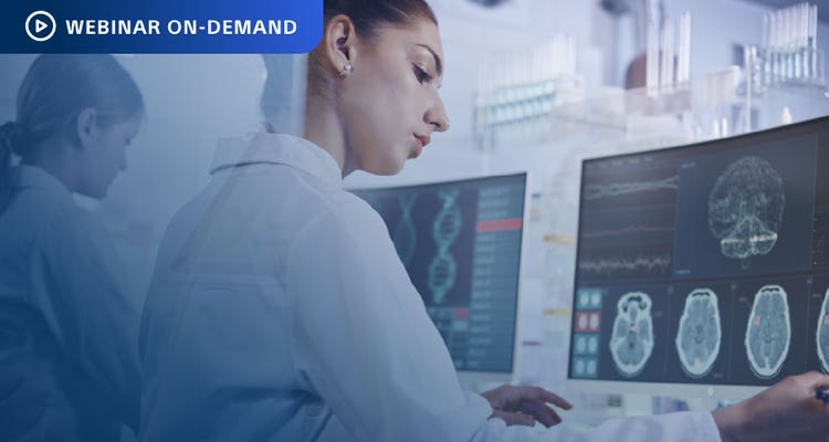 Webinar On-Demand. Two researchers working in a lab looking at genomics data on a computer display.