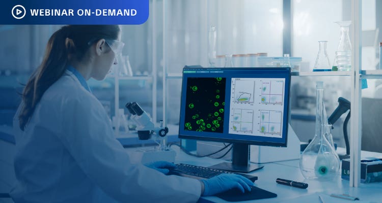 Webinar On-Demand: Photo illustration of researcher looking at computer minitor with cell sorting images.