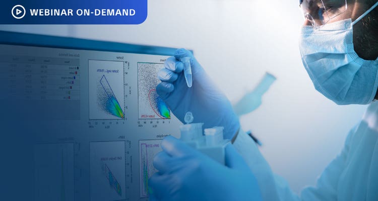 Webinar On-Demand. Photo of masked medical researcher holding a test tube with a computer monitor displaying cell soring data.