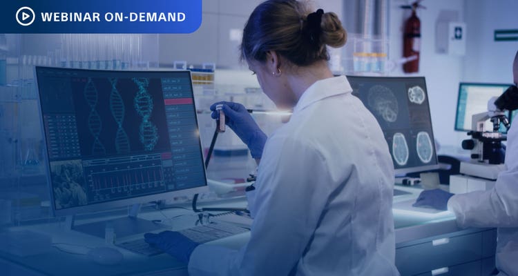 Webinar On-Demand. Photo of researcher in a lab looking at a vial with a computer display with CRISPR data.