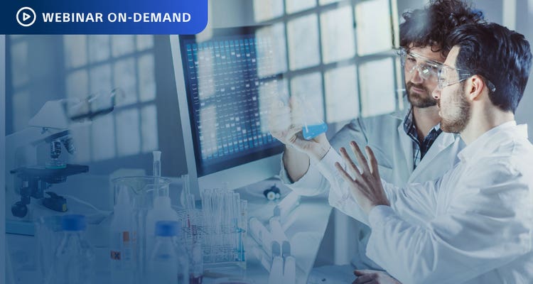 Webinar On-Demand. Two male researchers in a lab having a conversation while holding a beaker of blue liquid.