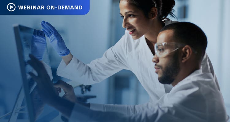 Webinar On-Demand. Two researchers viewing and discussing flow cytometry data on a computer display.