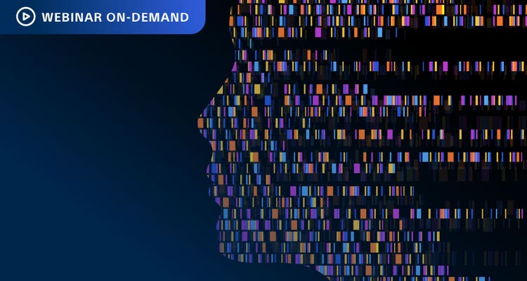 Webinar On-Demand. Illustration of a human face in profile made up of colorful DNA markers, rectangles of different colors in many rows.