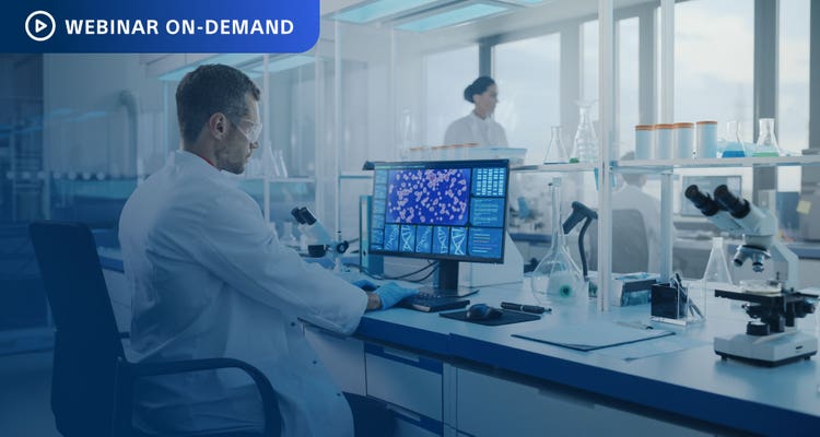 Webinar On-Demans. Researchwed in a lab at a workstation with mRNA data.