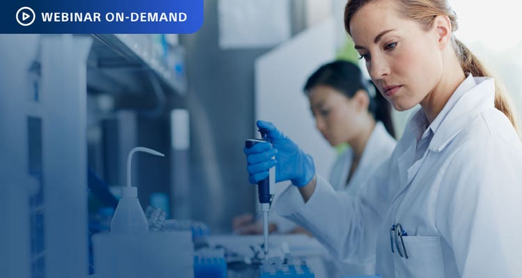 Webinar On-Demand. Photo of researcher in white coat using a pipetter with a tray of test tubes.