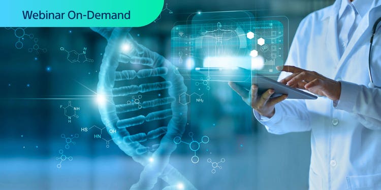 Webinar On-Demand. Photo of researcher in white coat visualozing RNA data on a tablet device.