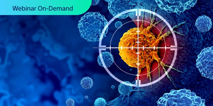 Illustration of a cancer cell colored orange with a superimposed target overlayed on the cancer cell. Text: Webinar On-Demand