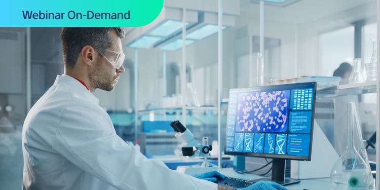Webinar On-Demand. Photo of researcher in a lab looking at RNA data on a computer display.