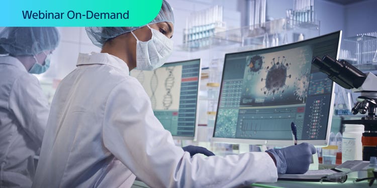 Webinar On-Demand. Photo of clinical researchers working at computers with virus data.