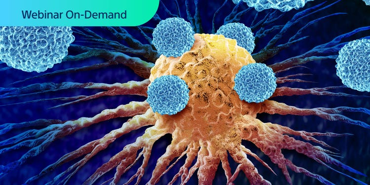 Colorful illustration of pancreatic cancer cell. Text: Webinar On-Demand.