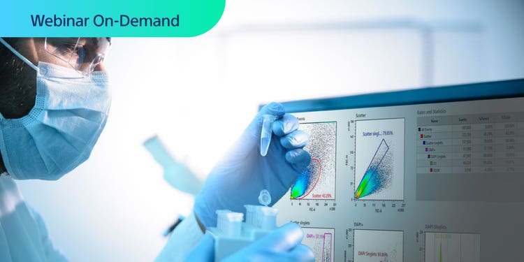 Webinar On-Demand. Photo of masked medical researcher holding a test tube with a computer monitor displaying cell soring data.