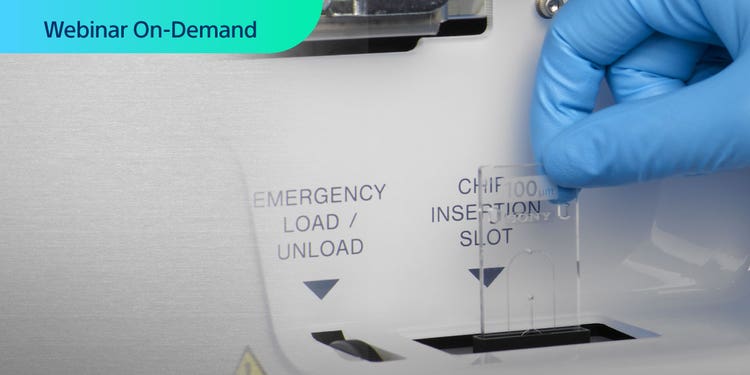 Webinar On-Demand. Close-up photo of a nitrile-gloved hand inserting a sorting chip in a MA900 cell sorter.