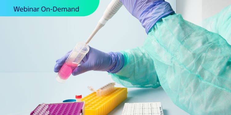 Webinar On-Demand. Colorful photo of clinical researcher using pipeter.