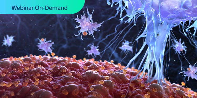 Text: Webinar On-Demand superimposed on colorful photo illustration of cells.
