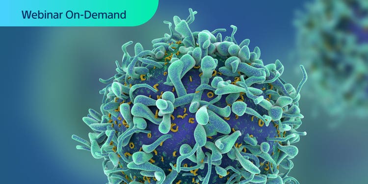 Colorful photo illustration of a T cell with superimposed text: Webinar On-Demand