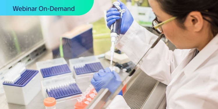 Webinar On-Demand. Photo of researcher working with pipeter and test tubes in a lab environment.