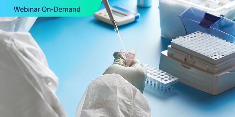 Webinar On-Demand. Cropped photo of a clinical researcher from behind, using a pipetter with test tubes in the background.