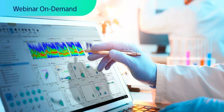 Webinar On-Demand. Close-up photo of a laptop with a gloved hand with a pen gesturing toward the screen with spectral cytometry data.