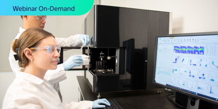 Text: Webinar On-Demand. Photograph of two researchers working with the ID7000 Spectral Cell Analyzer in a lab.