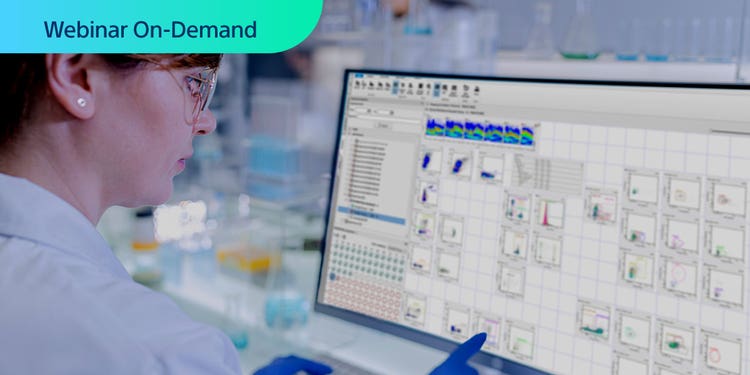 Webinar On-Demand. Researcher in lab looking at spectral cytometry data on a computer display.