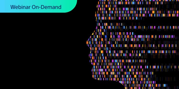 Webinar On-Demand. Colorful human head profile illustration using DNA markers.