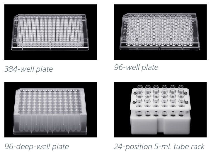 id7000 plates: 384-well plate, 96-well plate, 96-deep-well plate, 24-position 5-mL tube rack