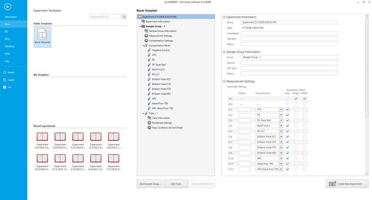 MA900 software experiment settings screenshot
