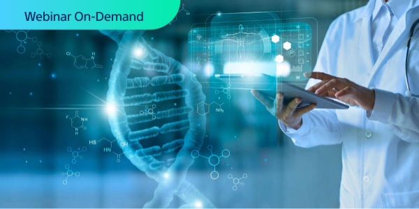 Webinar On-Demand. Photo of researcher in white coat visualozing RNA data on a tablet device.